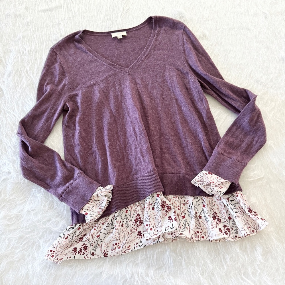 Loft Purple Knit Long Sleeve with Floral Skirt